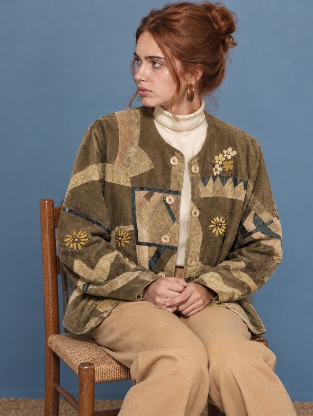 Vintage German Patchwork Suede Button-Front Jacket Embroidered Cottage Core XL
